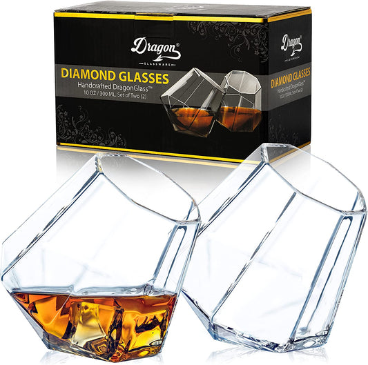 Whiskey Glasses - 10 Oz Clear Diamond Shaped Whiskey Glasses Set of 2 - Wine and Bourbon Glass That Naturally Aerates - Unique Drinkware